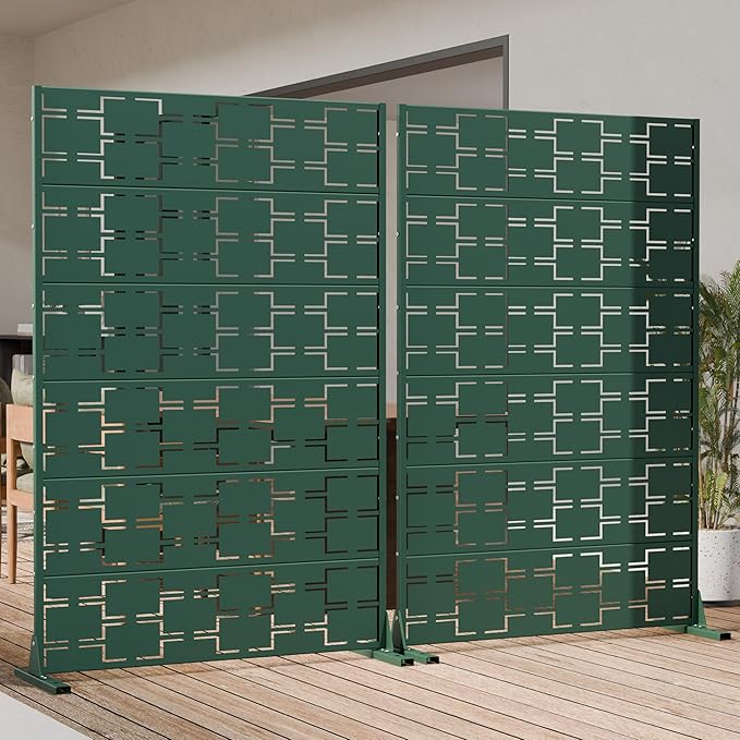 Casaphoria Metal Privacy Screen Outdoor, 72" H x 47" W Freestanding Decorative Privacy Screen for Patio Deck Balcony Garden with Stable Base, Drakgreen-Square