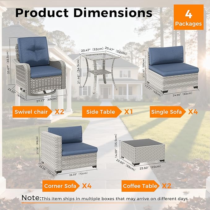 10-Seat Modern Patio Furniture Set with Swivel Rocking Chairs, Thick 4″ Cushions, Dual-Strand Wicker Rattan, Rust-Resistant Steel Frame – Outdoor Conversation & Modular Sectional,Navy