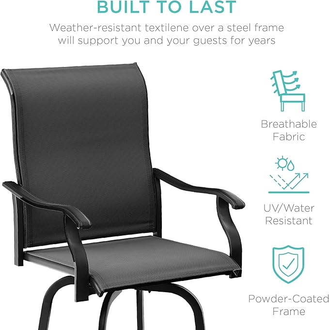 Best Choice Products Set of 2 Swivel Barstools, Bar Height Outdoor Chairs, 360 Rotating Patio Bar Stools w/All-Weather Mesh, 300lb Capacity - Black
