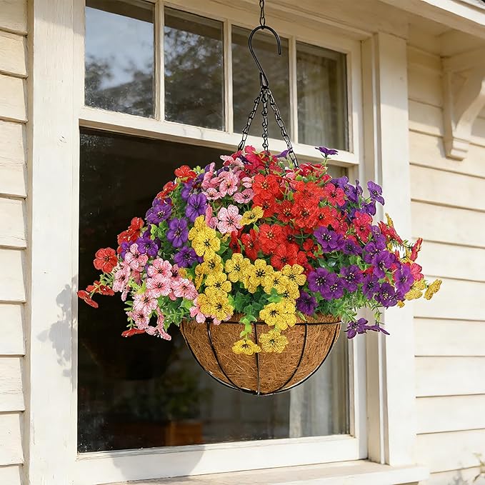 Senjie 12 Bundles Artificial Hanging Flowers with Basket for Outdoor Decor, UV Resistant Faux Flowers Fake Hanging Planter for Porch Patio Balcony