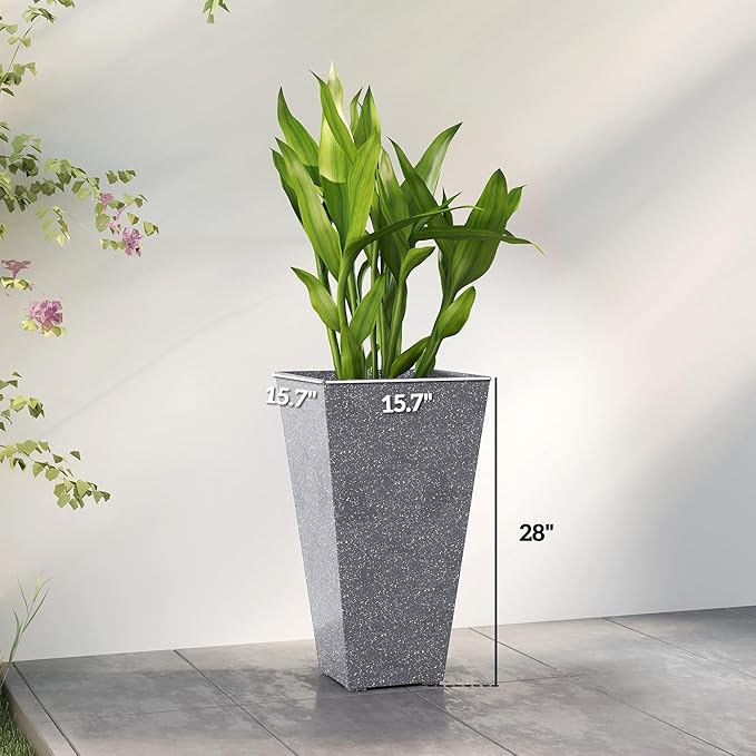 Outsunny 28 Inch Tall Planters for Outdoor Plants, Set of 3 Plastic Flower Pots with Marble Finish and Drainage Holes, Stackable Tapered Large Planters for Indoor Plants, Front Porch Decor, Gray