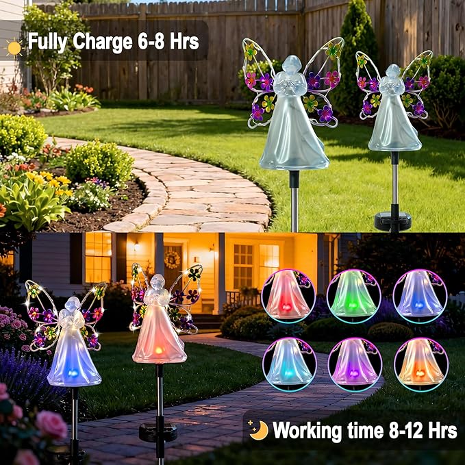 Angel Solar Lights for Cemetery Memorial Gift Grave Decorations Solar Angel Stake Lights Outdoor Waterproof Garden Decor Yard Lawn Ornaments, Angel Gifts for Women 2 Pack