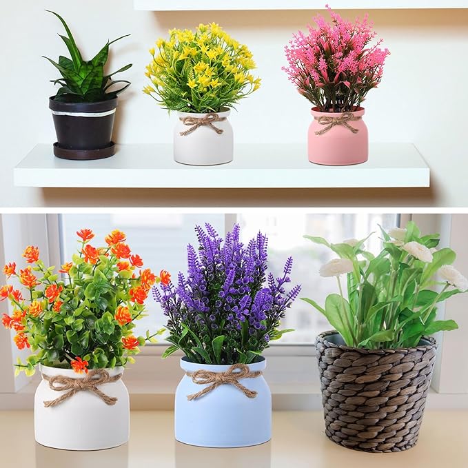 Cindeer 16 Pcs Large Artificial Potted Flowers Fake Potted Plants Plastic Faux Flowers for Home Decor Indoor Artificial Plants in Pots for Wedding Home Desk Tabletop Outdoor Office Kitchen (Gentle)