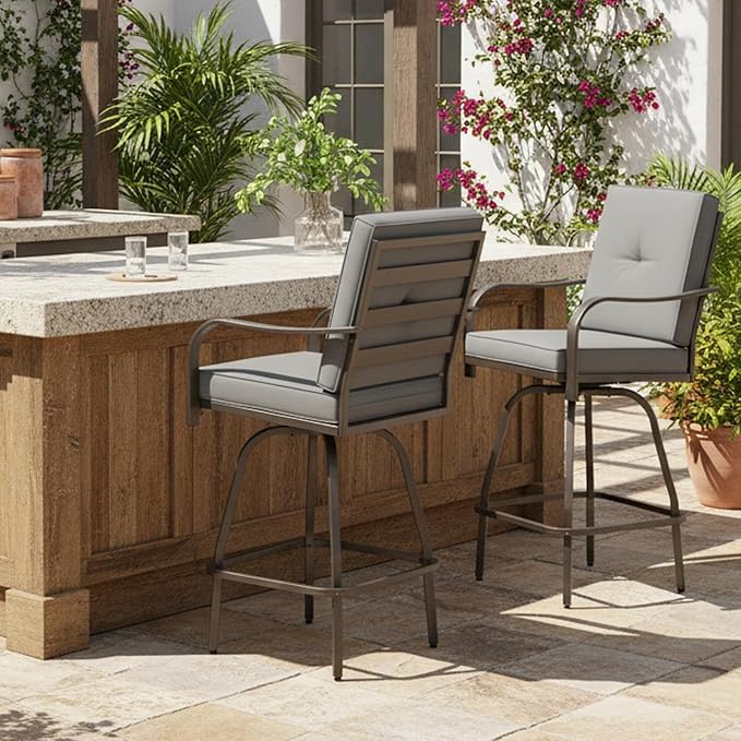 Patio Swivel Bar Stools Set of 2, Outdoor Bar Height Swivel Chairs with Cushions for Garden Balcony Backyard, Grey