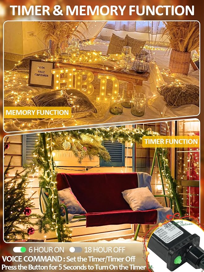 Smart String Lights With Voice Control Indoor Outdoor, Clear Wire 66Ft 200 LED Christmas Lights, Dimmable 12Modes Twinkle Fairy String Light Waterproof for Xmas Tree Wedding Party Bedroom (Warm White)