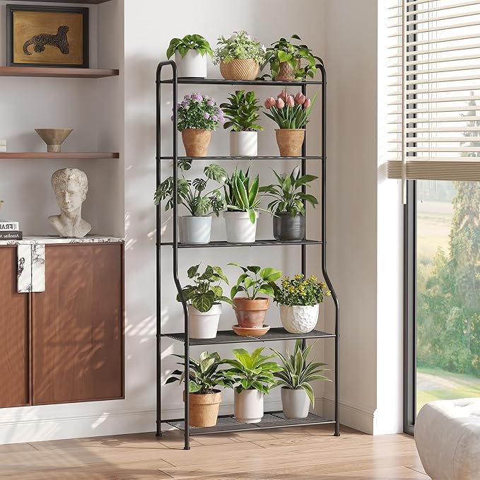 5-Tier Corner Plant Stand, Metal Black Flower Pot Rack, Indoor Outdoor Heavy Duty Shelf (Black, 5 Tier)