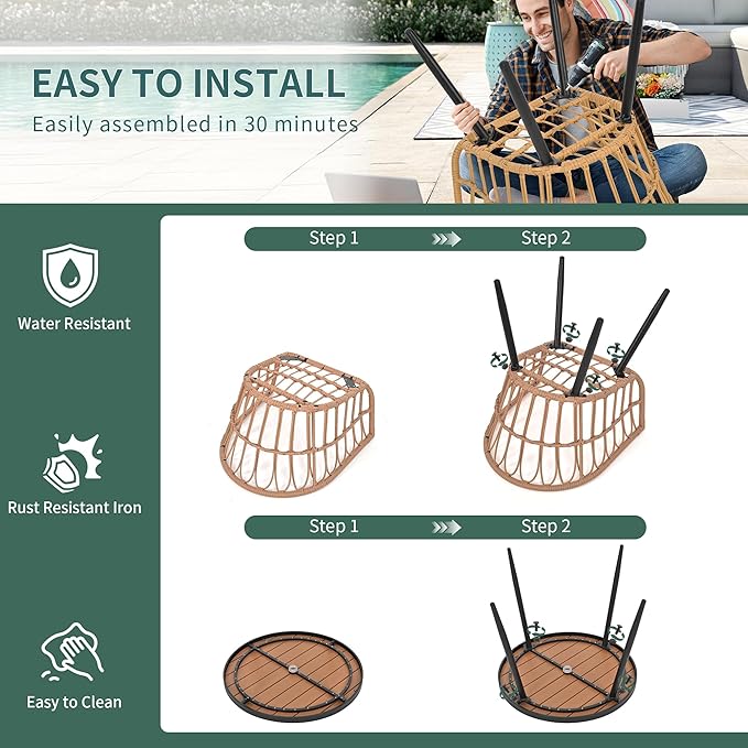 Pamapic 5-Pieces Patio Dining Set with Wood Table Top, All-Weather PE Rattan Patio Furniture Set, Outdoor Dining Furniture with Removable Cushion Chairs & Round Table for Garden Lawn Patio,Cream