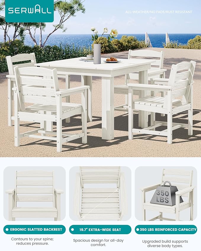 SERWALL Outdoor Dining Set for 4, HDPE Square Table and Chairs Set All Weather Patio Dining Set with 4 Classic Dining Chairs, 5-Piece Patio Dining Furniture for Deck, White