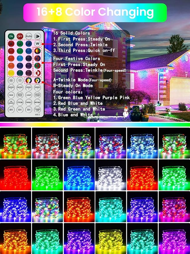 66Ft 200 LED RGB Color Changing Christmas Fairy Lights Plug in, Waterproof String Lights with Remote for Outdoor & Indoor, 24 Colors Twinkle Lights with Timer for Girl's Room Christmas Decorations