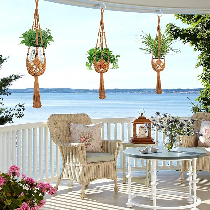 Augshy Jute Crochet Macrame Plant Hangers with Hooks, 2 Pack 35 Inch Natural Cotton Boho Indoor Outdoor Brown Planter Hanging Holder for Ceiling Balcony Porch Home Decor