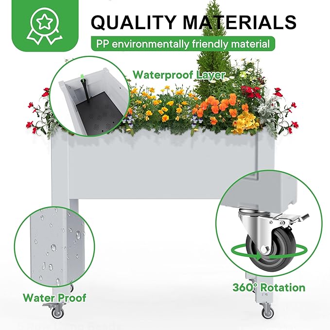 Raised Garden Bed with Legs, 28.9" Tall Self-Watering Raised Planter Box with Lockable Wheels, Drainage Plug and Gauge for Vegetables Flowers, Rustproof Resin for Backyard Patio (Ashen)