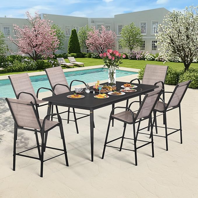 HOMREST Outdoor Bar Height Stools Set of 6,High Back Patio Chairs with Armrests,Textilene Chairs with Breathable Fabric & Metal Frame for All Weather,Taupe