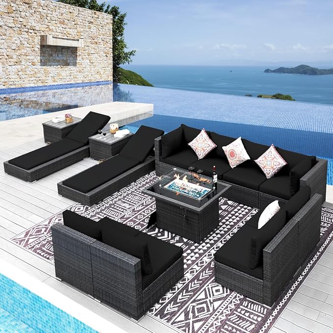 NICESOUL 13 Piece Outdoor Sectional with Fire Pit Table, All-Weather Wicker Modular Patio Furniture Set with Firepit & Chaise Lounge, Large Deep Sitting for Backyard, Deck, Grey & Black