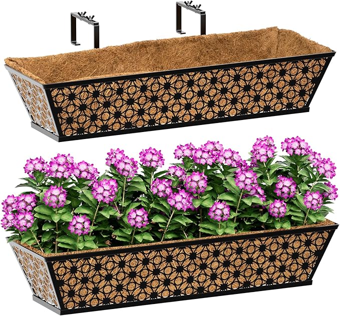 SPECILITE 24" Window Boxes Planters, Heavy Duty Metal Railing Planter Boxes, Adjustable Balcony Planters for Railing Hanging, with Coco Liner & Tool Set for Deck, Porch, and Patio Gardening (2 Pack)