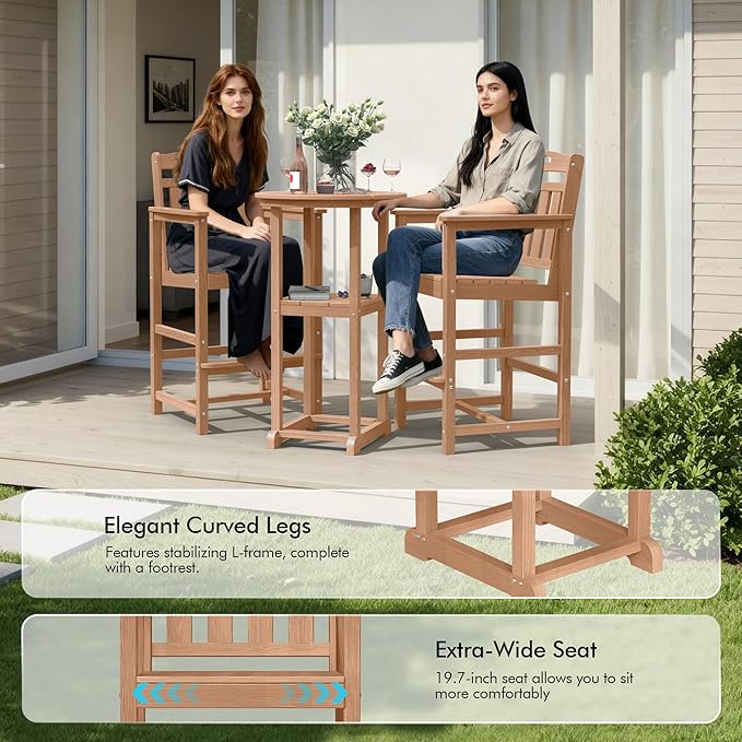 Ciokea 3-Pcs Bistro Table and Chairs, All-Weather Round High Top Bar Table with Storage Shelf and 2 Oversized Adirondack Chairs, Heavy Duty Outdoor Bar Set Patio Bistro Set for Balcony Deck, Teak