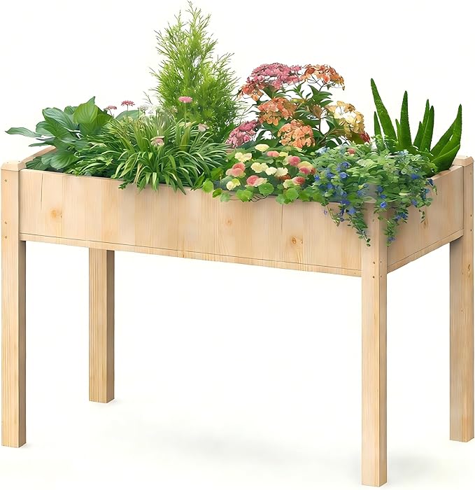 DUMOS Raised Garden Bed with Legs, 48x24x30 Inch Planter Box Outdoor with Liner for Herbs/Flowers/Vegetables, Elevated Wooden Garden Bed for Patio, Balcony and Backyard, Soft Wood