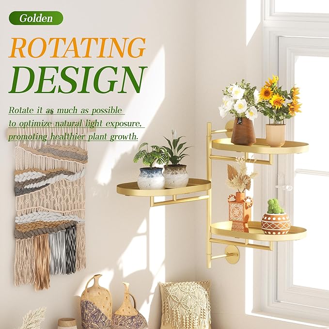 Window Rotating Plant Stand Shelf Indoor Gold Metal Floating Shelves 3-Tier Wall Mount Plant hanger Holders for Wall Planter Modern Home Decor window sill gifts