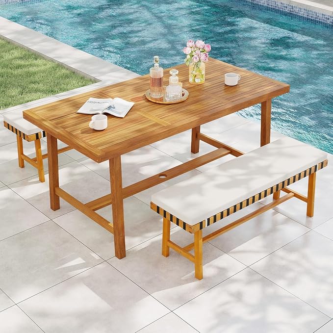 Tangkula 3 Piece Patio Dining Set for 4 People, 63” Outdoor Acacia Wood Rectangular Table with 1.97” Umbrealla Hole & 2 Cushioned Bench, for Deck Yard and Poolside