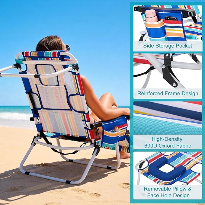 ABORON Tanning Chair with Face Hole, 5-Position Adjustable Reclining Beach Lounge Chair, Folding Face Down Sun Lounger for Beach, Poolside, Patio, Lawn, Home(Multicolor Stripes)