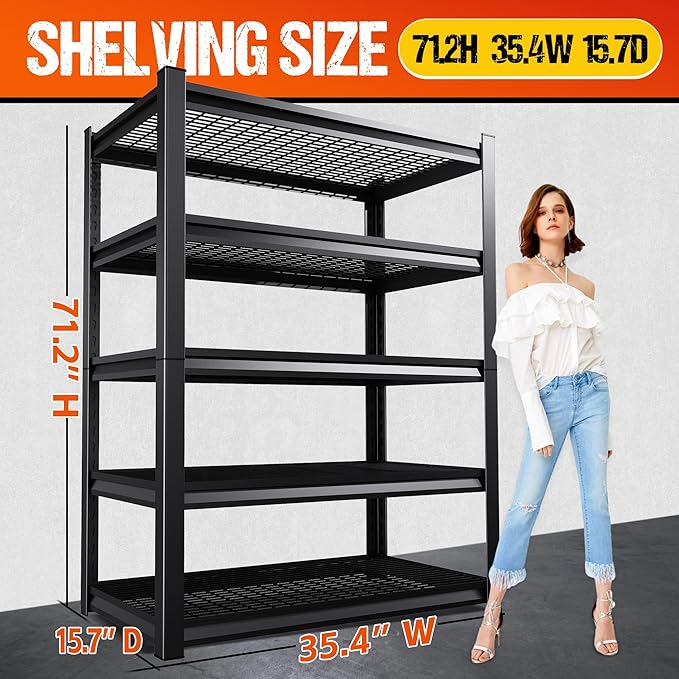 71.2" H Garage Shelving Heavy Duty Storage Shelves, Adjustable Metal Shelving Unit, Utility Garage Organizer Shelf for Basement, Pantry, Warehouse, Supermarket, 35.4" Wx15.7 Dx71.2 H,Black