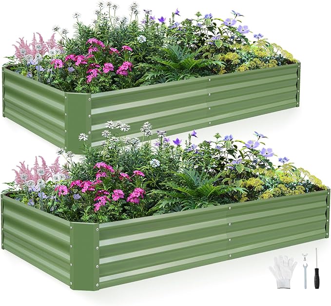 INNO STAGE 2Pcs Galvanized Raised Garden Bed Kit, 6x3x1FT Metal Raised Garden Beds for Vegetables, Rust-Resistant & Easy Assembly, Outdoor Raised Beds for Gardening, Flowers, Herbs (Green)