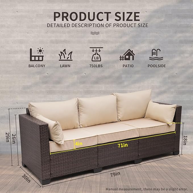 WAROOM Patio Couch PE Rattan 3-Seat Outdoor Sofa Brown Wicker Furniture Set Deep Seating with Anti-Slip Beige Cushion
