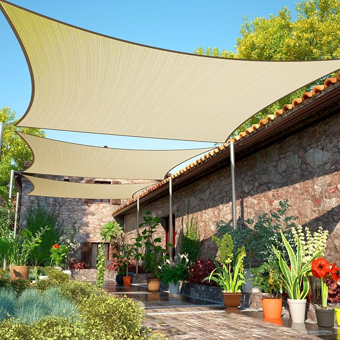 ShadeMart 12' x 20' Beige Sun Shade Sail UPF50 Rectangle Canopy Fabric Cloth Screen smTAPR1220, Water and Air Permeable & UV Resistant, Heavy Duty, Carport Patio Outdoor - (We Customize Size)