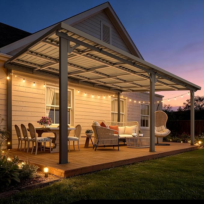 AECOJOY 12' x 16' Outdoor Hardtop Metal Gazebo for Patio, Large Lean to 16x12 Galvanized Steel Heavy Duty Wall Mounted Pergolas and Grill Gazebos Clearance, Patio Pergola Metal Roof Awnings for Decks