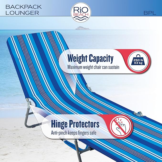 Rio Beach Portable Lay Flat Folding Backpack Beach Lounge Chair with Backpack Straps and Storage Pouch, Blue Stripe