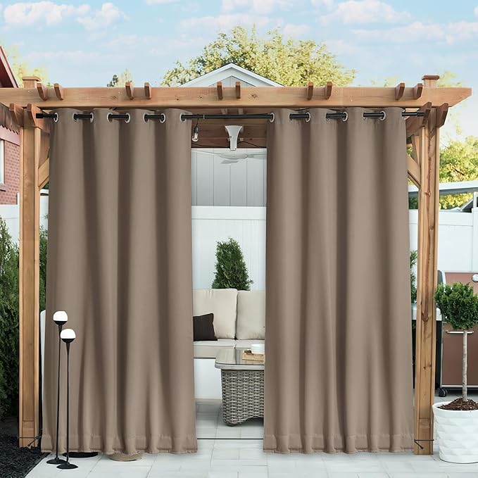 NICETOWN 2 Panels Outdoor Curtains Waterproof Fixed Grommet/Back Tab on Top & Bottom, Thermal Insulated Windproorf Sun Blocking Outdoor Drapes with Rope for Patio/Gazebo, W52 x L84, Soft Brown