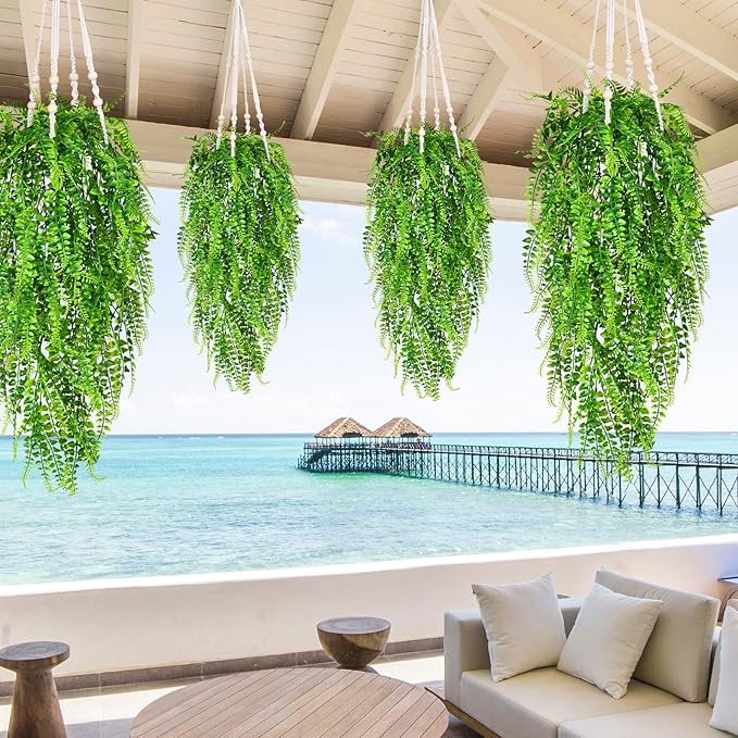 Waipfaru 4Pcs Fake Ferns Fake Hanging Plants Artificial Ferns for Outdoors，UV Resistant Plastic Fake Plants for Indoor Wall Porch Wedding Party Holiday Decor