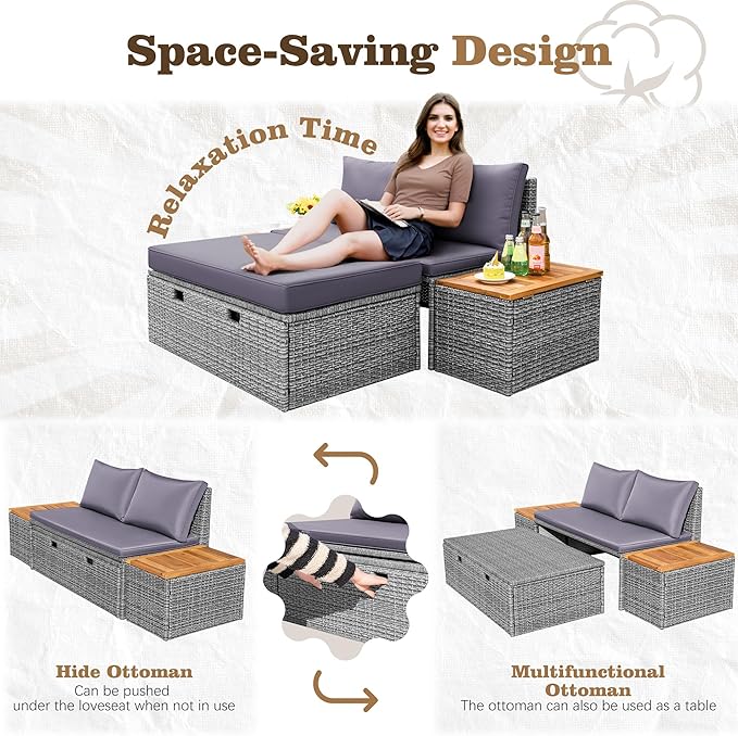 Flamaker Outdoor Rattan Lounge Chair with 2 Side Tables, Multifunctional Outdoor Patio Daybed with Footrest, Cushions, Storage Ottoman,Chaise Lounge Chair for Backyard Porch Poolside(Grey)