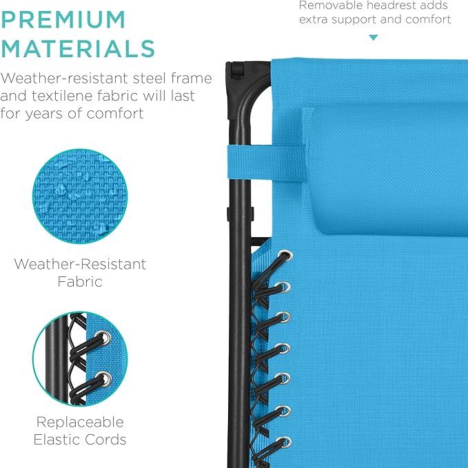 Best Choice Products 30” Wide Folding Zero Gravity Outdoor Recliner Patio Lounge Chair w/Adjustable Canopy Shade, Headrest, Side Accessory Tray - Light Blue