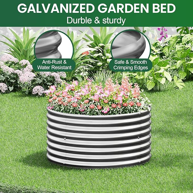 4 Pack Tall 2x2x1.5ft Round Galvanized Raised Garden Bed Outdoor, Metal Garden Bed for Vegetables, Above Ground Garden Box for Flower, Steel Raised Beds for Gardening