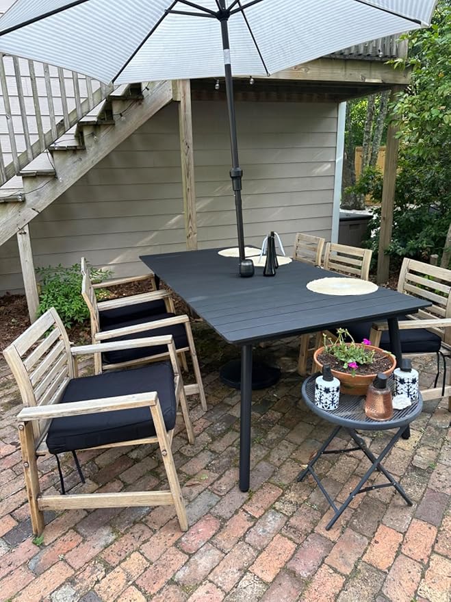 83" Patio Outdoor Dining Table for 6-8, Weather-Resistant Wood-Grain Top with Aluminum Frame & Umbrella Hole for Deck Gatherings, Black