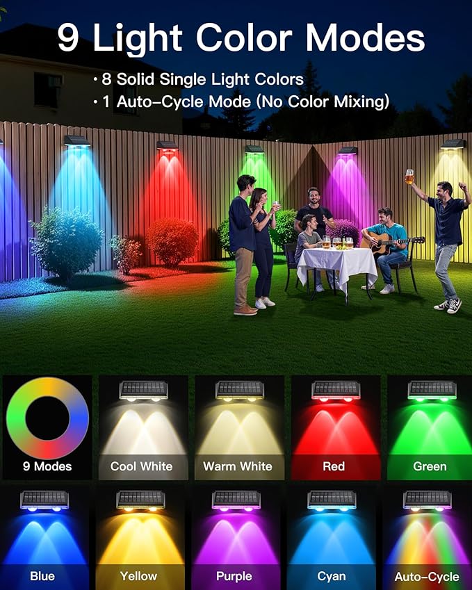 Solar Fence Lights Outdoor, 12 Pack IP65 Waterproof Fence Lights Solar Powered with Ultra-Bright LED Lens, 9 Color Modes, 12+ Hours Steady Glow for Deck/Backyard/Patio/Pool/Wall - Black