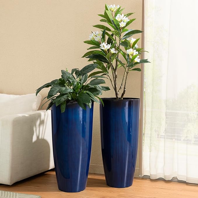 Glitzhome 30" H Tall Planters for Outdoor Plants, Set of 2 Plastic Large Outdoor Planters with Gradient Cobalt Blue Faux Ceramic Finish,Large Flower Pots with Drainage Holes for Front Porch Indoor
