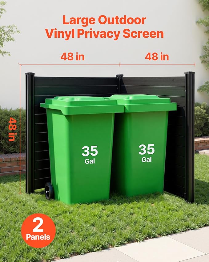 VEVOR 2 Panels Outdoor Privacy Screen, 48 x 48 in Air Conditioner Fence with 27.6 in Ground Stakes, Pool Equipment Enclosure, Horizontal Vinyl Privacy Fence, Ideal for Trash Can and A/C Units, Black