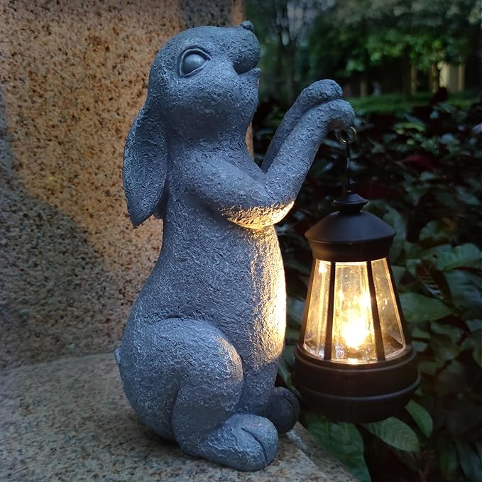 Rabbit Solar Garden Statues,Resin Rabbit Figurine Decorations with Solar Lights Lantern, Outdoor Figurines Lawn Garden Statue Decor Art for Lawn,Yard, Balcony Ornament.