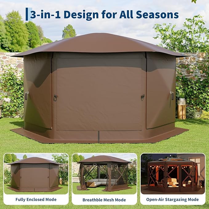 11.5x11.5FT 6-Sided Pop Up Gazebo Tent，One-Push Setup Canopy Tent with Mesh Panels & Removable Wind Cloths, Outdoor shelter for Camping, Backyard Parties, Outdoor Events - Beige & Khaki