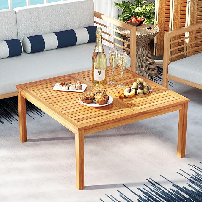 Tangkula Patio Wood Coffee Table, Solid Acacia Wood 35.5 Inches Side Table with Slatted Tabletop, Outdoor Square Table for Backyard, Porch, Balcony