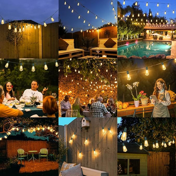 Brightever 50FT Outdoor String Lights Waterproof, 2700K Bright LED Patio Lights with 27 ST38 Shatterproof Vintage Bulbs, Retro Edison String Lights for Outside, Garden, Christmas Decor, Green Wire