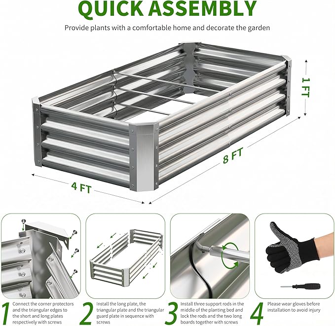 Galvanized Raised Garden Bed,Outdoor Planter Box Metal Patio Kit Planting Bed for Vegetables Flowers Herb (Galvanized, 4x2x1ft-2p)