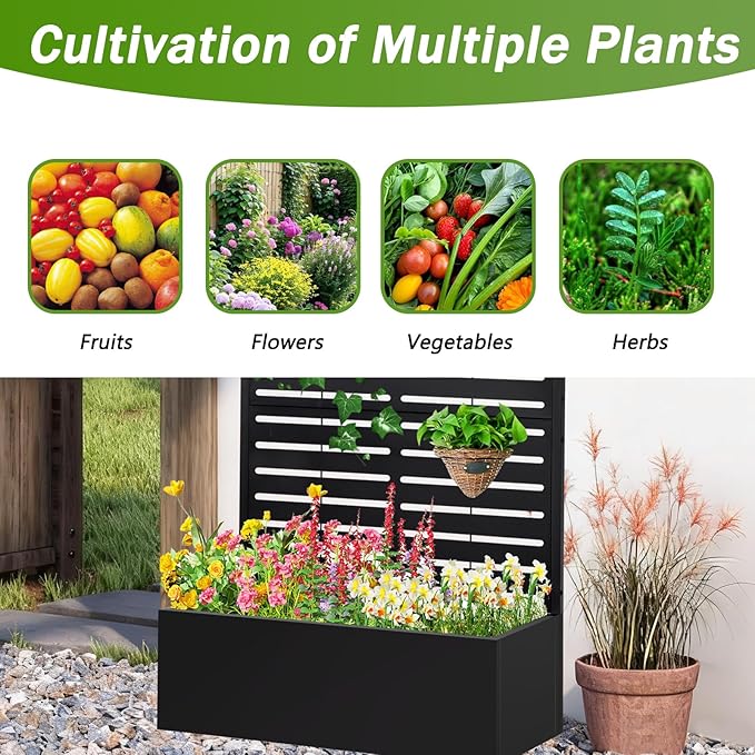 Metal Raised Garden Bed with Trellis,Planter Box for Climbing Plants, Vegetables & Vines, Features Drainage Holes and Privacy Screen.raised garden beds outdoor planters for porch (White, 71"x35"x16")
