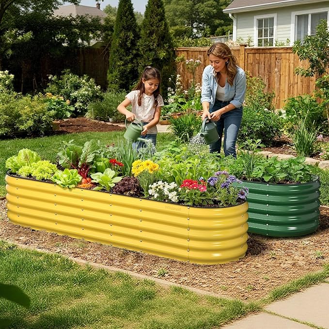 8x2x1.5 ft Galvanized Steel Raised Garden Bed, Raised Garden Bed Kit, Galvanized Planter Box Outdoor, 18" Tall Oval Large Metal Raised Bed for Gardening Vegetables Flower Herb (Cream Yellow)