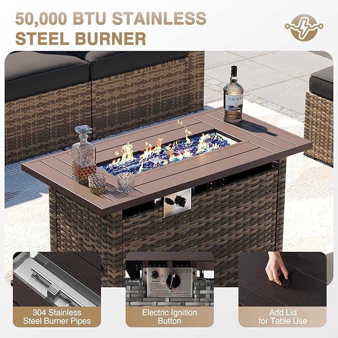 Aoxun Patio Furniture Sets, 12-Piece Outdoor Patio Furniture with 44'' Propane Gas Firepit Table, Wicker Outdoor Conversation Set Sectional Sofa for Backyard, Poolside, Garden