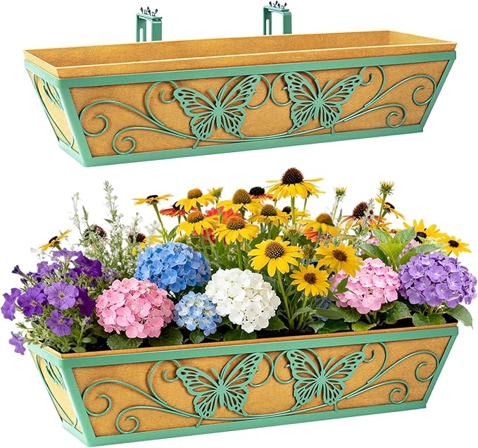 2 Pack 24 Inch Window Boxes Planter Railing Planters Box with Adjustable Brackets for Porch Deck Balcony Hanging Butterfly Decorative Flower Baskets & Non-Woven Fabric Liner for Outdoor Plants - Green