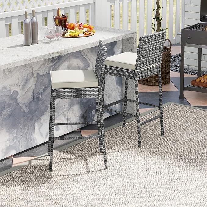 HAPPYGRILL Patio Wicker Barstools Set of 2, Outdoor Bar Height Chair w/Soft Seat Cushion & Cozy Footrest, Heavy-Duty Metal Frame, 400 lbs Max Load, Rattan Armless Bar Chairs