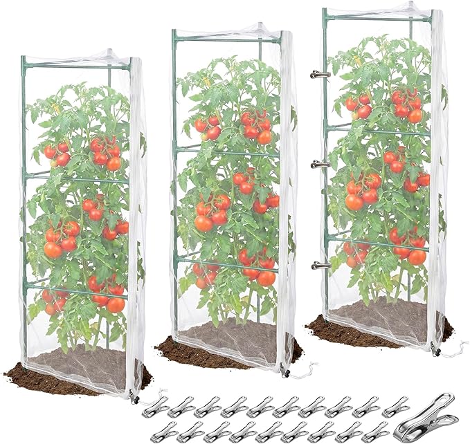 3Pcs Garden Bird Netting Plant Cover for Tomato Cage, 67" x 17.7" Insect Bird Barrier Tomato Cage Net with Zipper, Tomato Trellis Plant Netting Cover for Square Tomatoes Cages Plants Garden Protection