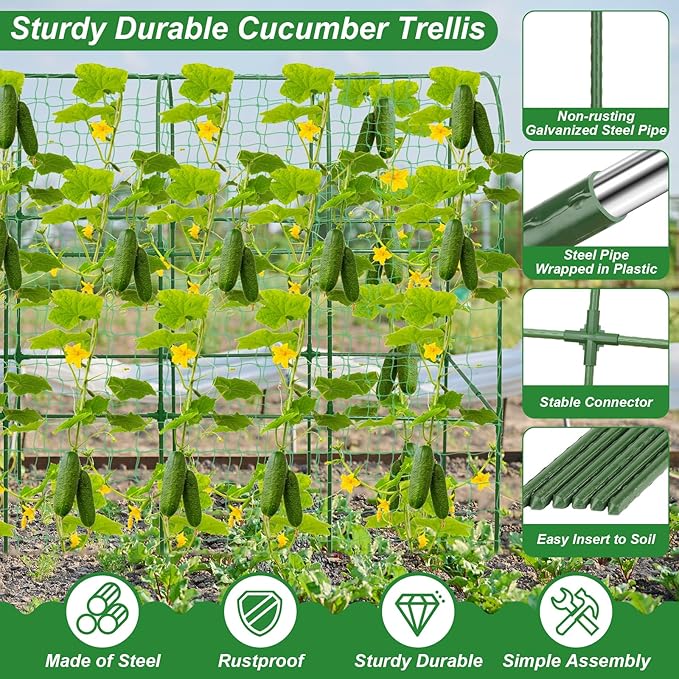 67 x 50 Cucumber Trellis for Raised Bed, U-Shape Metal Large Garden Trellis for Climbing Plants Outdoors with Netting, Garden Tools, Cucumber Arch Trellis for Vegetable Fruit Flower Plant Support
